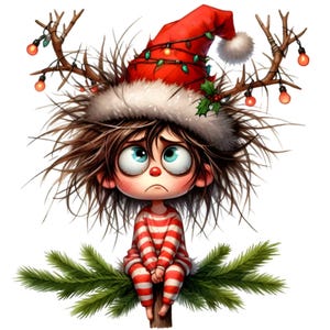 15 PNG de niños tristes de Navidad – PNG festivo divertido – Duende de pijama desordenado para tarjetas originales, manualidades digitales y sublimación invernal