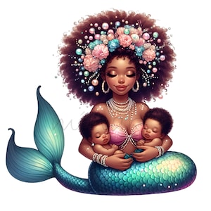 10 cliparts belle maman sirène PNG | Mère aux cheveux afro tenant des bébés jumeaux | Illustration fantastique de la maternité de l'océan