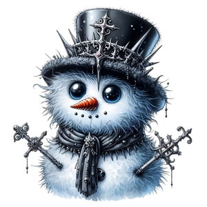 Gotische sneeuwpop clipart 15 png-unieke donkere sneeuwpop illustratie met hoge hoed en kruisen, grillig vakantiedecor