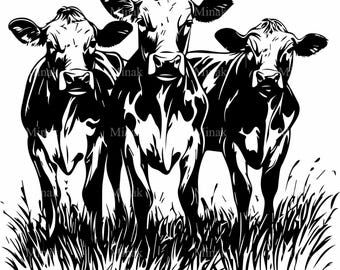 May include: A black and white illustration of three cows standing in tall grass. The cows are facing forward, with detailed shading and a stylized design. The image has a clean, graphic style, suitable for farm-themed decor or art.