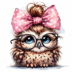 May include: A brown and white owl with blue eyes wearing a pink polka dot bow and black framed glasses.