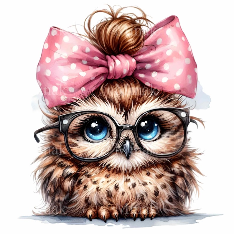 May include: A brown and white owl with blue eyes wearing a pink polka dot bow and black framed glasses.