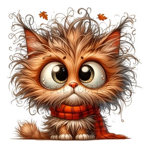 14 Funny Autumn Cat PNG Clipart, Cute Cartoon Cat with Big Eyes and Plaid Scarf, Fall Season Decor, Digital Wall Art Download