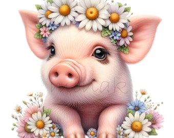 15 PNG Daisy Piglet Clipart, Floral Crown Pig Farm Animal