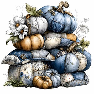 Peut inclure: Illustration à l'aquarelle d'une pile de citrouilles et de coussins. Les citrouilles sont dans des tons de bleu, d'orange et de blanc, avec des détails de patchwork. Des marguerites blanches et des feuilles vertes sont également incluses.