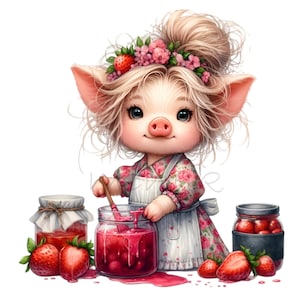 12 lindos cerdos chefs PNG Clipart, adorables cerditos haciendo mermelada de fresa, arte de cocina de granja, ilustración de animales caprichosos