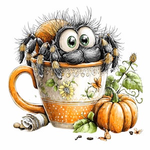 May include: A whimsical illustration of a cartoon spider with large green eyes, perched inside a floral teacup. An orange pumpkin and green foliage are beside the teacup. The teacup has an orange handle and base.