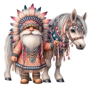 Clipart nativi americani, clipart cavallo, clip art gnomo, 10 PNG acquerello stampabile, creazione di carte digitali, etichetta regalo sublimazione, diario spazzatura