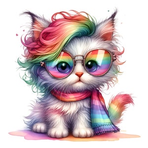 12 cliparts de chat arc-en-ciel PNG - Pride chaton PNG - Art numérique mignon pour t-shirts, autocollants, sublimation, décoration de fête