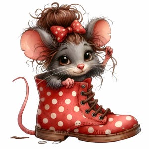 12 PNG de ratón con forma de bota de lunares: adorables imágenes prediseñadas de animales. Arte de dibujos animados divertido para habitaciones infantiles, impresiones para guarderías, tarjetas DIY y sublimación.
