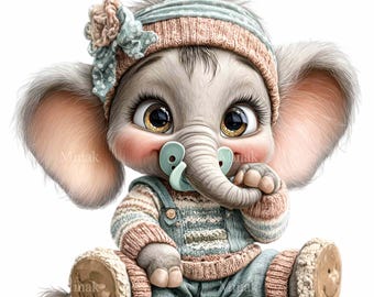 15 PNG Baby Elephant Clipart – Newborn Animal with Pacifier and Knitted Outfit for Nursery Art, Baby Shower Crafts, Sublimation, Printables