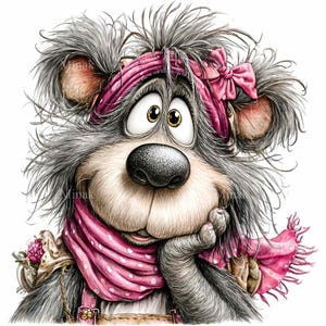 May include: A whimsical illustration of a cartoon bear with gray fur, wearing a pink polka-dot scarf and headband with a bow. The bear is resting its chin on its paw, with a thoughtful expression. A small bag with flowers is visible.