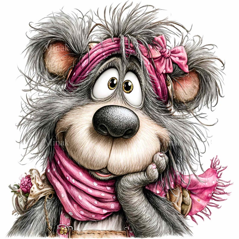 May include: A whimsical illustration of a cartoon bear with gray fur, wearing a pink polka-dot scarf and headband with a bow. The bear is resting its chin on its paw, with a thoughtful expression. A small bag with flowers is visible.