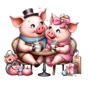 12 imágenes prediseñadas de pareja de cerdos románticos, adorables cerdos bebiendo café, arte caprichoso de animales de granja