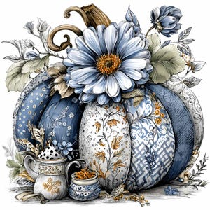 Puede incluir: Ilustraci&oacute;n de una calabaza decorativa en tonos azules, blancos y dorados. La calabaza est&aacute; adornada con motivos florales y coronada con una gran flor azul. Una peque&ntilde;a tetera y una taza est&aacute;n en la base de la calabaza.