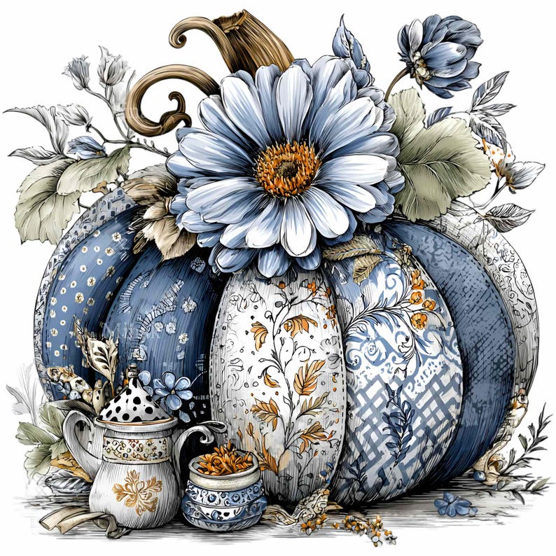 Puede incluir: Ilustraci&oacute;n de una calabaza decorativa en tonos azules, blancos y dorados. La calabaza est&aacute; adornada con motivos florales y coronada con una gran flor azul. Una peque&ntilde;a tetera y una taza est&aacute;n en la base de la calabaza.