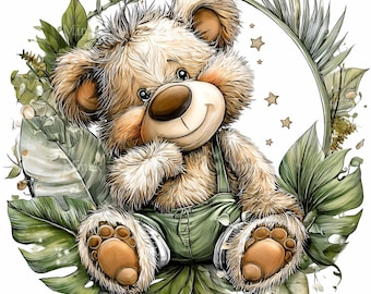 May include: A whimsical illustration of a teddy bear wearing green overalls, surrounded by lush green leaves and a circular frame. The bear has a friendly expression and is seated among the foliage. Small stars are scattered around the frame, creating a playful, nature-inspired design.