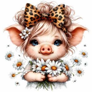 12 imágenes PNG de cerdos adorables, cerdito con lazo de leopardo y margaritas, arte digital de animales de granja, descarga instantánea
