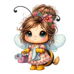 May include: A cartoon illustration of a bee-like character with large eyes, wearing a floral dress, yellow gloves, and boots. The character has brown hair adorned with flowers, antennae, and translucent wings, holding a pink bucket and a towel.