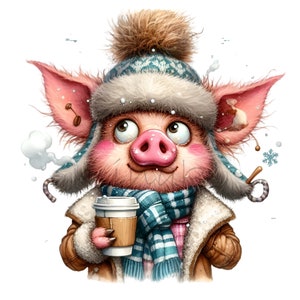12 PNG Winter pig with coffee cup - cute holiday PNG clipart for mugs, cards, wall art, kids crafts, seasonal designs and sublimation