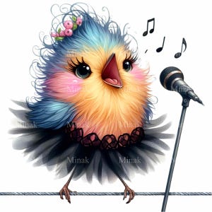 Könnte beinhalten: Ein Cartoon-Vogel mit einem schwarzen Tutu und einer rosa-blauen Federkrone singt in ein Mikrofon. Musikalische Noten schweben über dem Kopf des Vogels.