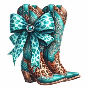 K&ouml;nnte beinhalten: Ein Paar t&uuml;rkisfarbene Cowboystiefel mit Leopardenmuster und einer gro&szlig;en t&uuml;rkisfarbenen Schleife mit einem Juwelenakzent.
