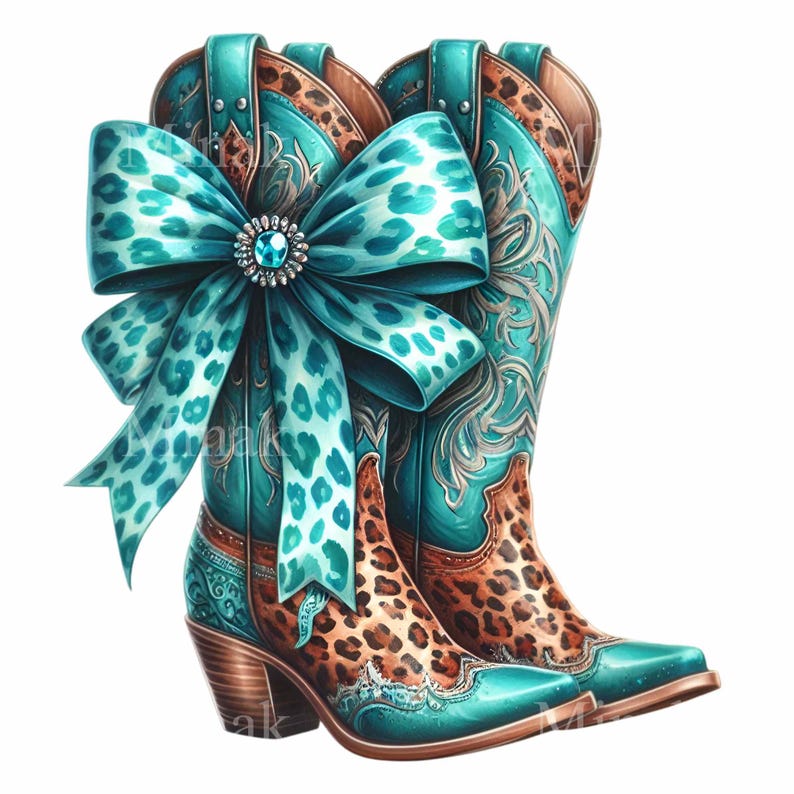 K&ouml;nnte beinhalten: Ein Paar t&uuml;rkisfarbene Cowboystiefel mit Leopardenmuster und einer gro&szlig;en t&uuml;rkisfarbenen Schleife mit einem Juwelenakzent.