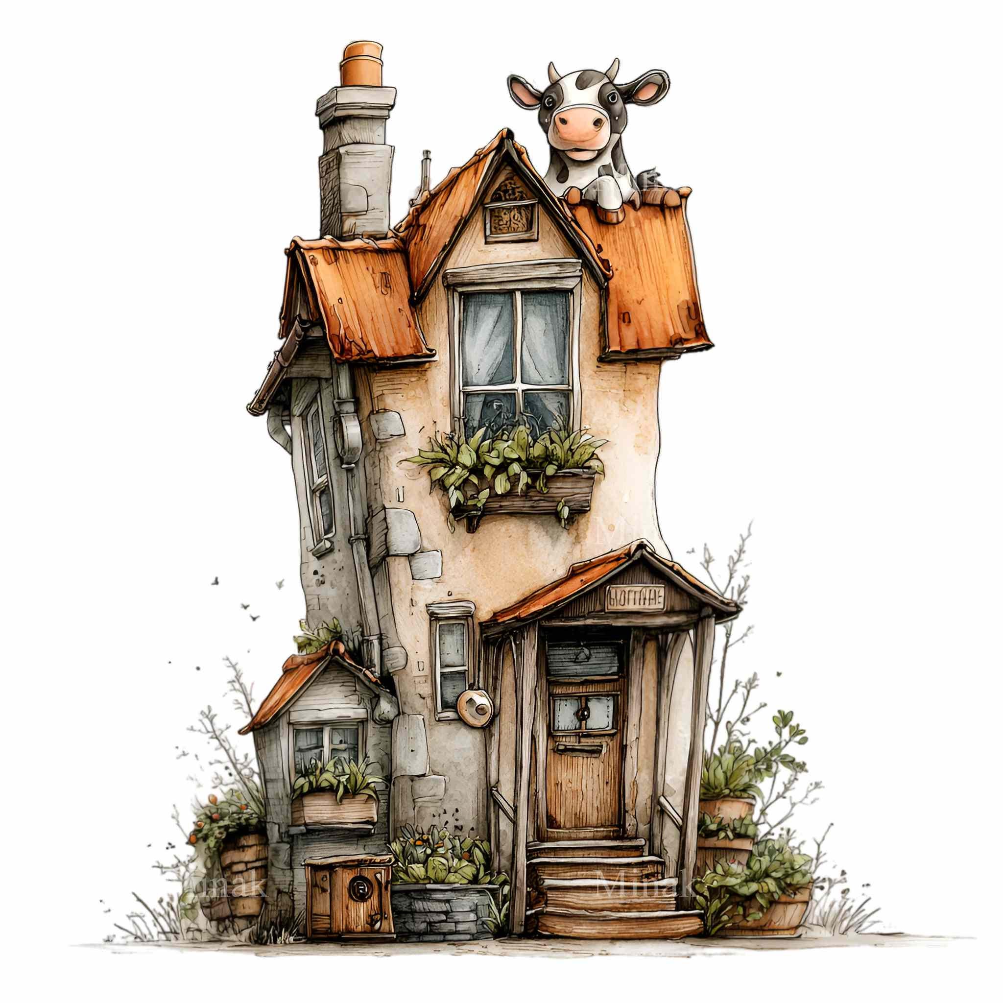 16 PNG Whimsical Cow House Clipart – Fairytale Farmhouse With Animal on ...