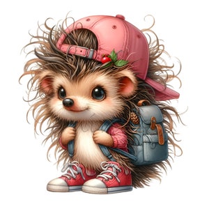 12 niedlicher Igel mit Rucksack, rote Schuhe, rosa Mütze, flauschige, Schultierkunst, digitaler Download