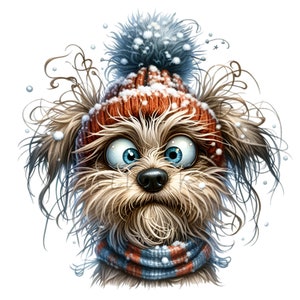 14 Funny Winter Dog PNG Clipart with Big Eyes, Red Hat and Scarf for Christmas Cards, Pet Decor, Sublimation, Snow Season Art