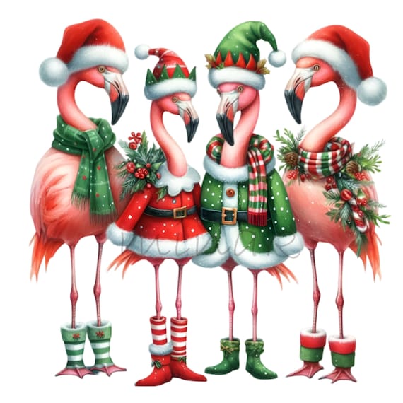 Christmas Flamingos Clipart, 12 Festive Holiday Flamingo PNG, Santa and Elf Flamingo Digital Download, Printable Art