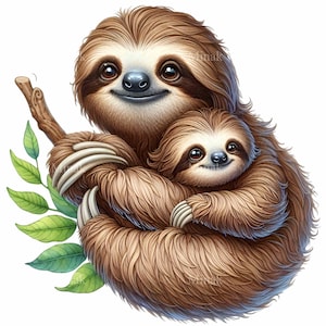 12 cliparts maman et bébé paresseux PNG - PNG animal de la jungle - Art animalier mignon pour des impressions de chambre de bébé, une décoration d'enfants et des travaux manuels de baby shower
