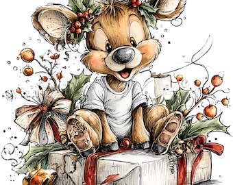 14 PNG Weihnachtsgeschenk Rentier - Rentier PNG Clipart mit Geschenk, Holly Beeren und T-Shirt für niedliche Weihnachtsdrucke Designs