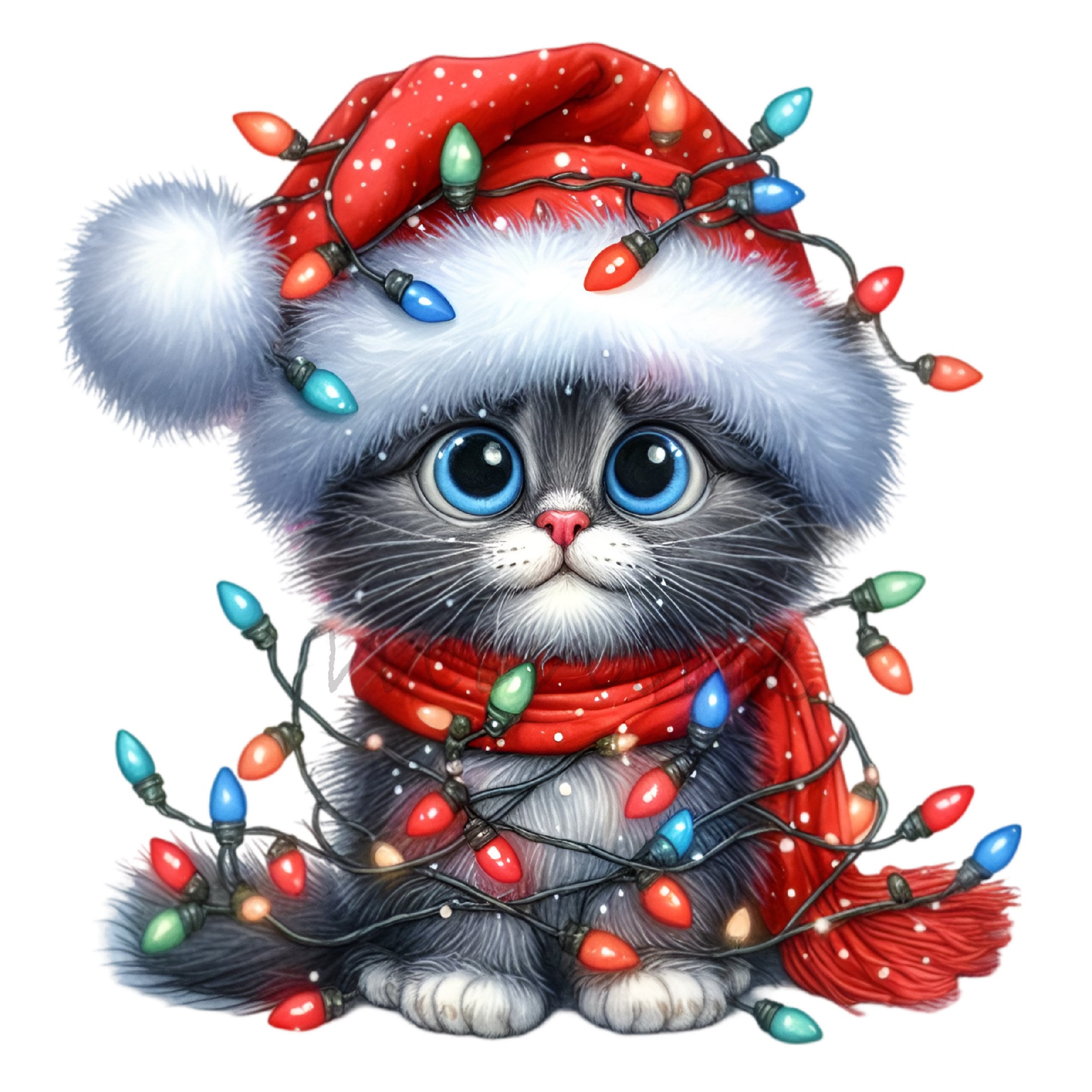 10 PNG Cute Christmas Kitten Clipart, Santa Hat Cat With Lights, Red ...