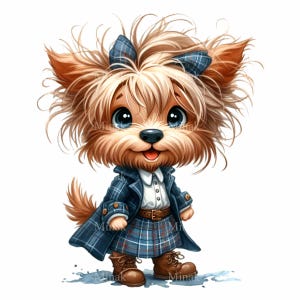 12 cliparts mignon chien déguisé PNG - adorable chiot débraillé en costume à carreaux PNG - illustration d'animal de compagnie à la mode lunatique