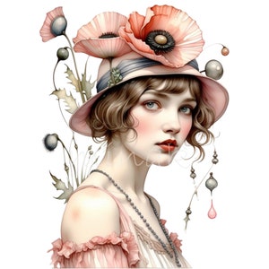 20 Vintage Lady Clipart PNG - Elegant Woman with Poppy Hat and Beaded Accessories, Digital Download Artwork