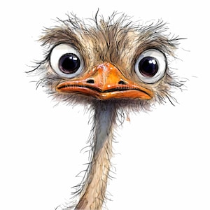 14 imágenes PNG de avestruz divertidas: cara de pájaro tonta de ojos grandes y plumas desordenadas. Descarga digital de animales de granja divertidísimos.