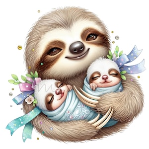 Sloth Clipart, Motherhood Clipart, Mama Clip Art, Twins Clip Art, 12 PNG Watercolor Mom Mother's ...