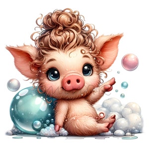 15 simpatici maialini PNG, adorabile maialino in bagno con schiuma e riccioli, clipart di animali da fattoria