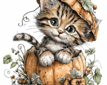 10 PNG Halloween Pumpkin Cat, Autumn Kitten Sublimation File