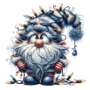 Divertido Gnomo Santa envuelto con luces de Navidad Guirnalda 12 PNG Niños ilustración clipart, Imprimible, Descargas digitales