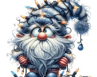 12 PNG Funny Gnome Santa Wrapped with Christmas Lights Garland