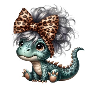 Dinosaurie-clip art, 10 PNG-kladdig bulle, dinosaurieflicka-clipart, rolig djur-clipart, utskrivbar leopardmönster-rosett för barnrum, DIY-korttillverkning bild 8
