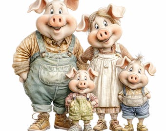 11 PNG Pig Family Clipart, Farmhouse Pigs in Overalls, Country Animal Sublimation