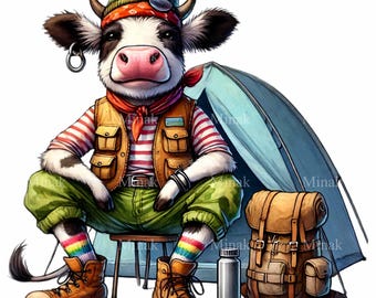 15 PNG Camping Cow Clipart, Adventure Heifer Tent Backpack Camper