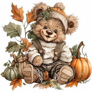 Puede incluir: Ilustración de un oso de peluche con un suéter de punto, peto y un gorro a rayas con un pompón. El oso está rodeado de calabazas y hojas de otoño en tonos naranja, verde y marrón, creando un tema otoñal.