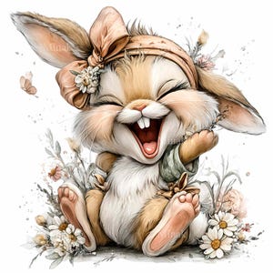 Puede incluir: Ilustraci&oacute;n en acuarela de un conejo alegre con una amplia sonrisa, con un lazo rosa y una diadema adornada con flores. El conejo est&aacute; rodeado de margaritas y vegetaci&oacute;n, con una mariposa en el fondo. El conejo sostiene un peque&ntilde;o ramo.