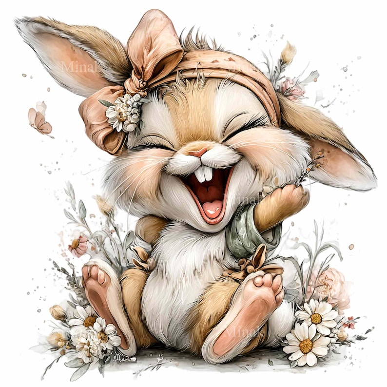 Puede incluir: Ilustraci&oacute;n en acuarela de un conejo alegre con una amplia sonrisa, con un lazo rosa y una diadema adornada con flores. El conejo est&aacute; rodeado de margaritas y vegetaci&oacute;n, con una mariposa en el fondo. El conejo sostiene un peque&ntilde;o ramo.