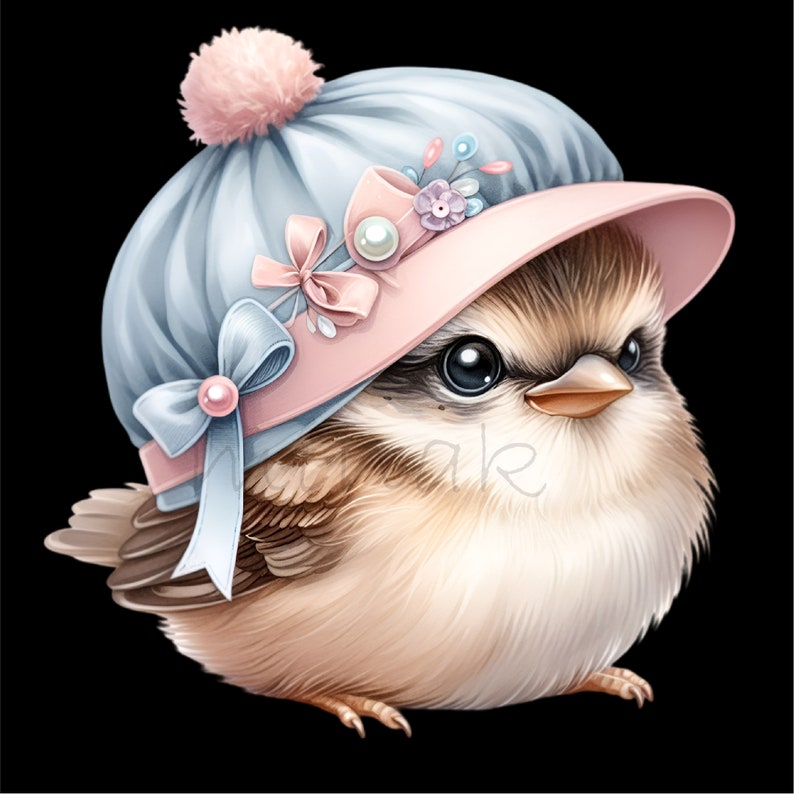 Puede incluir: Un peque&ntilde;o p&aacute;jaro marr&oacute;n y blanco que lleva un sombrero azul claro y rosa con un pomp&oacute;n blanco en la parte superior. El sombrero tiene una cinta rosa atada alrededor con un lazo blanco y una peque&ntilde;a perla.