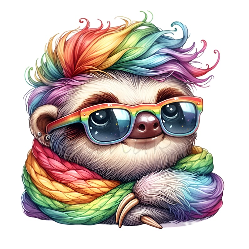 10 PNG Rainbow Sloth Messy Bun Sunglasses Clipart - Etsy